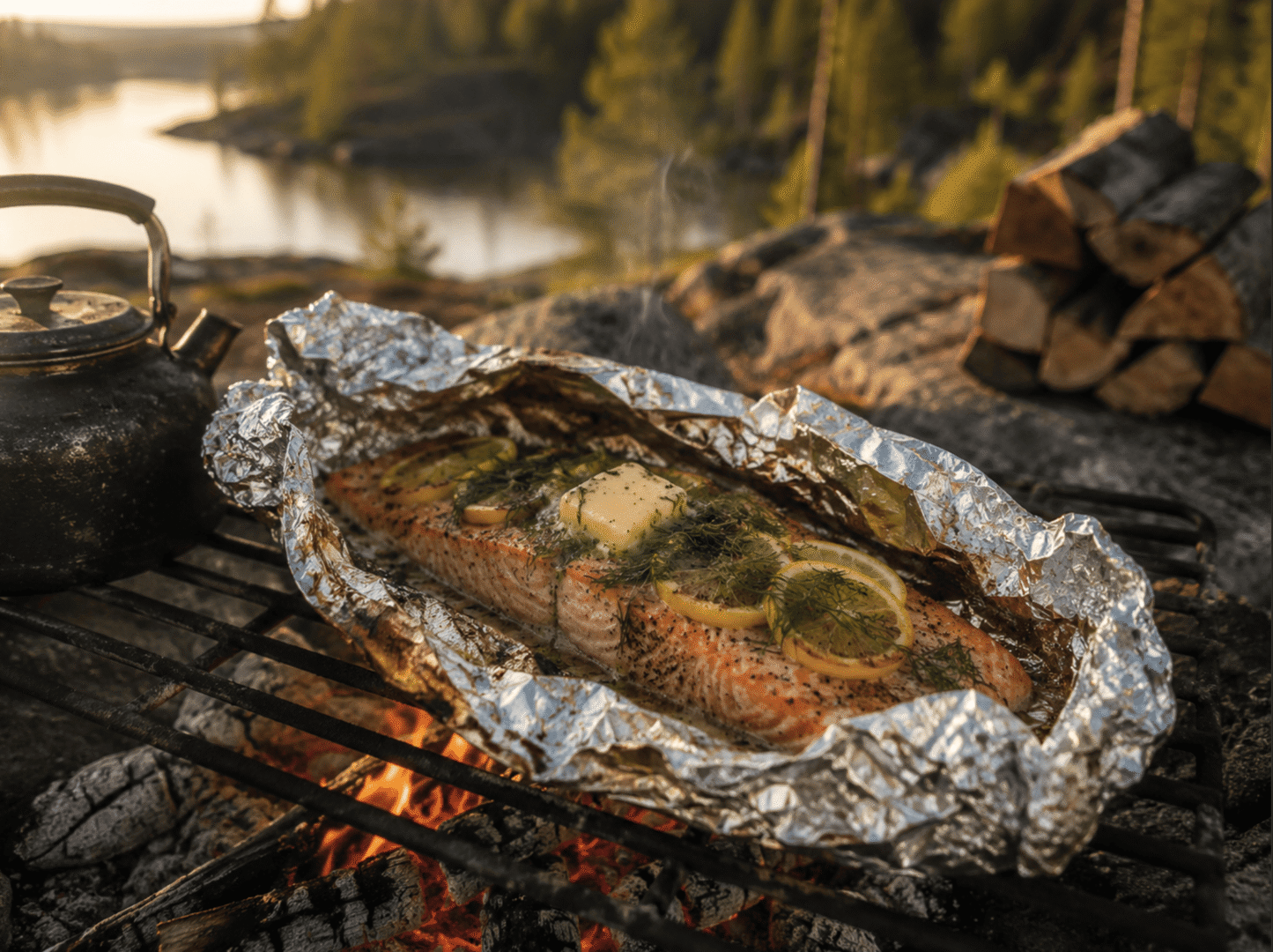 Salmon fillets with lemon and herbs wrapped in foil, cooking on a campfire grill outdoors.