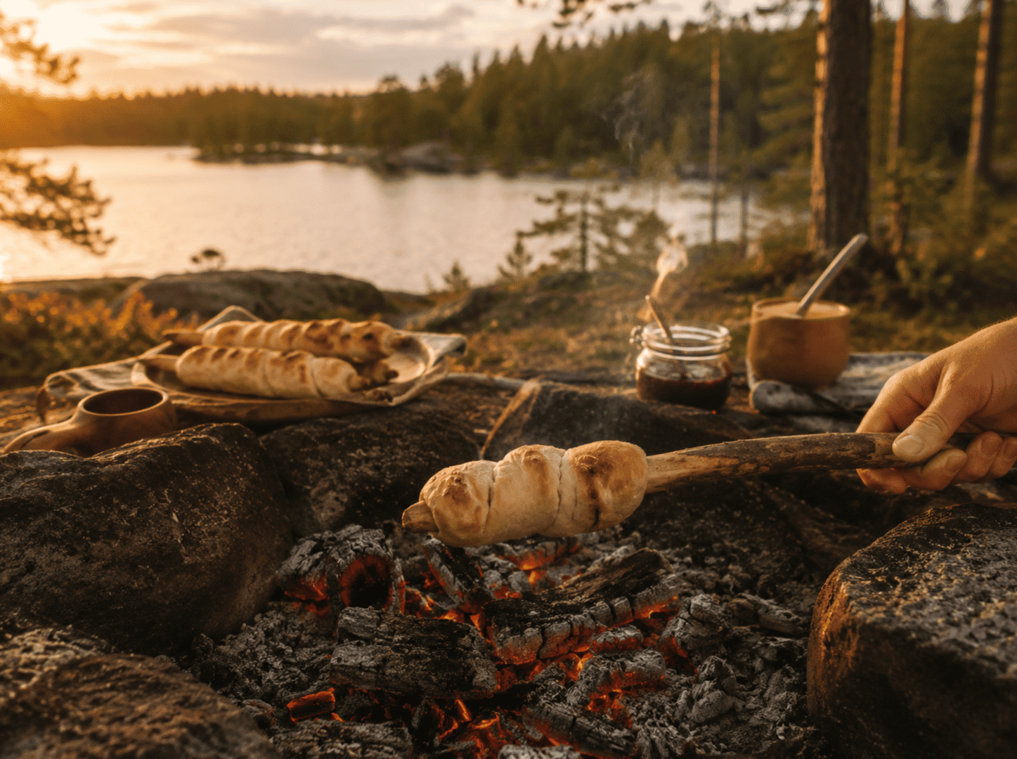 Hands roasting bread over a campfire by a lakeside at sunset, with jars and mugs nearby for a cozy meal outdoors