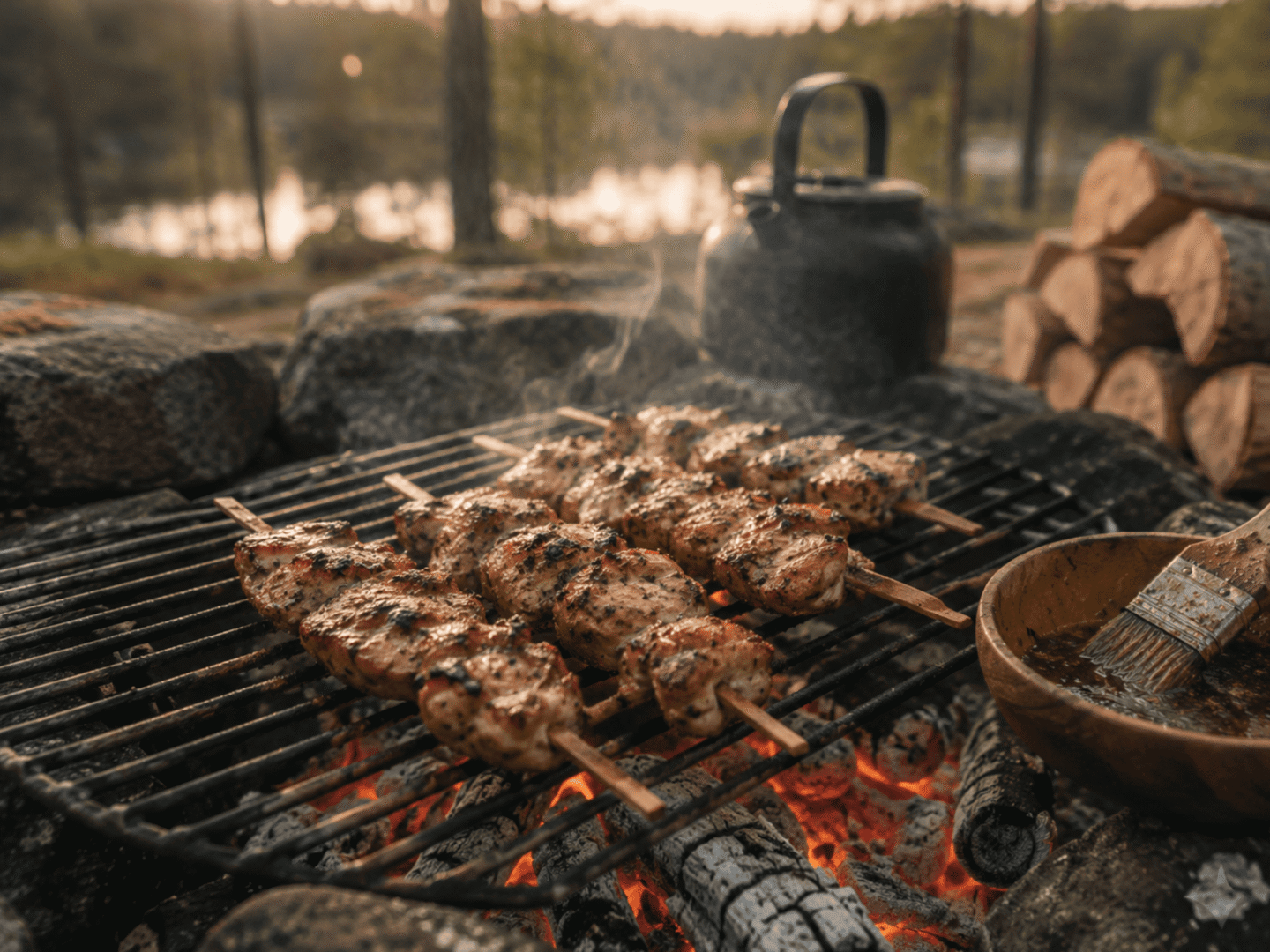 Chicken skewers grilling over an open campfire on a metal grate, with a kettle nearby and stacked firewood in the background.